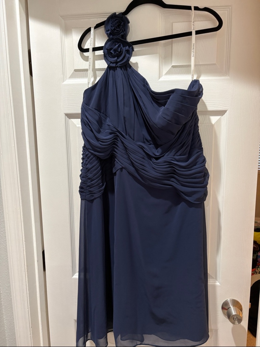 David's Bridal Navy One-Shoulder Ruffled Chiffon Dress